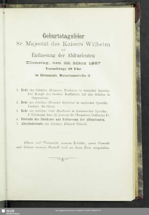 Geburtstagsfeier Sr. Majestät des Kaisers Wilhelm und Entlassung der Abiturienten
