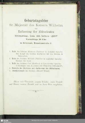 Geburtstagsfeier Sr. Majestät des Kaisers Wilhelm und Entlassung der Abiturienten