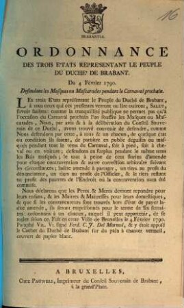 Ordonnance Des Trois Etats Representant Le Peuple Du Duche' De Brabant, Du 4 Février 1790