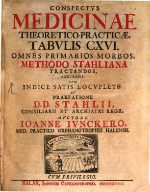 Conspectvs Medicinae Theoretico-Practicæ : Tabvlis CXVI. Omnes Primarios Morbos, Methodo Stahliana Tractandos, Exhibens: Cvm Indice Satis Locvplete Et Praefatione D.D. Stahlii, Consiliarii Et Archiatri Regii