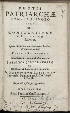 Photii Patriarchae Constantinopolitani De Consolatione ad Eusebiam Libellus