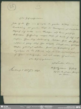 Eigenh. Brief von Adolf Holtzmann an August Wilhelm von Schlegel, Karlsruhe, 11.07.1843
