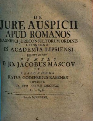 De Jure [Iure] Auspicii Apud Romanos