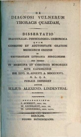 De diagnosi vulnerum thoracis quaedam : Diss. inaug. physio. chir.