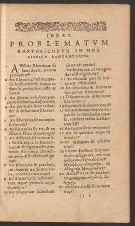 Index Problematum Rhetoricorum In Hoc Libello Contentorum.