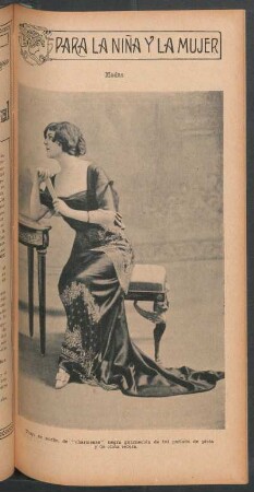 Modas - Traje de noche, de "charmeuse" negra guarnecida de tul [...] - [Fotografía] : Para la niña y la mujer