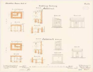 Feldartilleriekaserne, Halle/Saale: Stalllatrine I in Grundriss Fundamente und Erdgeschoss, Aufriss Vorderansicht und Giebelansicht, Längsschnitt, Querschnitt 1:50; Stalllatrine II in Grundriss Fundamente und Erdgeschoss, Aufriss Vorderansicht, Hofansicht und Giebelansicht, Längsschnitt, Querschnitt 1:50
