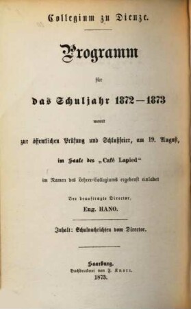 Programme de l'année scolaire ... : = Programm für das Schuljahr .... 1872/73 (1873)