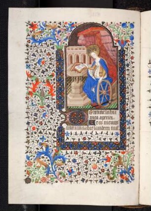 Bordüren-Miniatur-Seite: (Wochentagsgebet: Mittwoch) heilige Katharina; Zierinitiale: D(omine labia mea)
