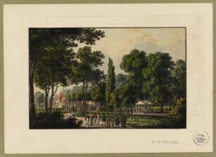 Das Kaffeehaus mit Pavillon im Großen Garten, Radierung um 1820 : [Das Kaffeehaus mit Pavillon im Großen Garten] / [bei C. F. Sprinck]. - [Dresden] , [ca. 1820]. - 1 Kunstblatt : kolorierte Radierung ; 12,8 x 8,2 cm