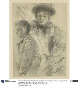 Knabe mit Paket unter dem linken Arm, Halbfigur, Profil nach links; Brustbild eines Mädchens im Hut en face, Kopf einer alten Dame nach links, die Augenpartie durchgestrichen