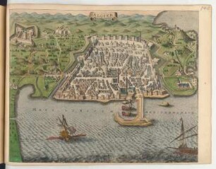 Vogelschauplan von Algier, Algerien, kolorierter Kupferstich, 1682 : Algier. - [Amsterdam] : [By d' Erfsgenamen van Joannes Janssonius van Waesberge] ; [1682]. - 1 Plan : Kupferst. ; 50 x 41 cm