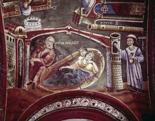Gewölbefresken zur Nikolauslegende und zum Heiligen Eldradus von Novalesa — Szenen aus dem Leben des Heiligen Nikolaus — Der Heilige Nikolaus stiftet die Aussteuer für zwei Töchter eines Armen