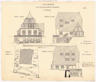 Corpshaus Guestphalia, Marburg: Lageplan 1:200, Aufriss Vorderseite, Ostseite, Westseite