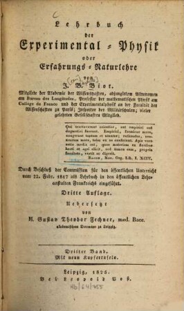 Lehrbuch der Experimental-Physik oder Erfahrungs-Naturlehre : durch Beschluß der Commission für den öffentlichen Unterricht vom 22. Febr. 1817 als Lehrbuch in den öffentlichen Lehranstalten Frankreichs eingeführt, 3