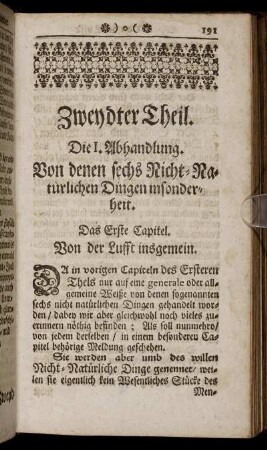Die I. Abhandlung. Von denen sechs Nicht-Natürlichen Dingen insonderheit.