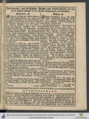 Verzeichnuß/ wie die Kayserl. Reichs- und Oesterreichische Posten in der Kayserl. Königl. V. Oe. Stadt Freyburg ein- und ablauffen.