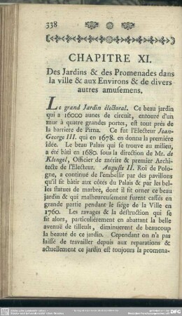 Chapitre XI. Des Jardins & des Promenades dans la ville & aux Environs & de divers autres amusemens