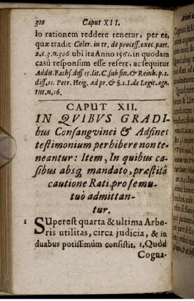Caput XII. In Quibus Gradibus Consanguinei & Adfines testimonium perhibere non teneantur: Item, In quibus casibus absq[ue] mandato, praestita cautione Rati, pro se mutuo admittantur