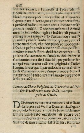Lettera delli tre prigioni di Y atuxiro al padre Vice Provinciale della Compagnia di Giesú