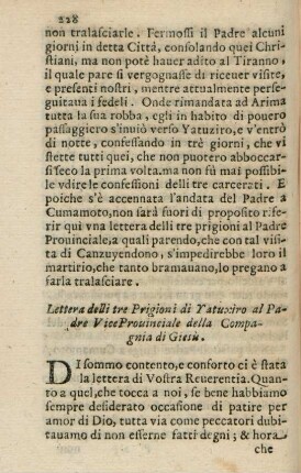 Lettera delli tre prigioni di Y atuxiro al padre Vice Provinciale della Compagnia di Giesú