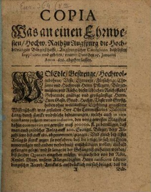 Copia was an einem Rath zu Augsburg die hochbedrängte Burgerschaft A. Conf. daselbsten suppliciret