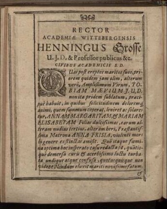 Rector Academiæ Wittenbergensis Henningus Grosse [...]