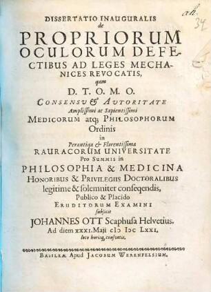 Dissertatio Inauguralis de Propriorum Oculorum Defectibus Ad Leges Mechanices Revocatis