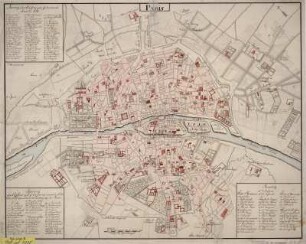 Plan von Paris, 1:27 500, Kupferstich, vor 1750? : Paris. - [Ca. 1:27 500]. - [S.l.] , [vor 1750?]. - 1 Kt. : Handzeichnung ; 56 x 44 cm ; Mit Straßen- u. Gebäudeverz.
