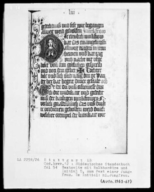 Deutsches Gebetbuch (Waldburg-Gebetbuch) — Initiale D (ie), darin eine heilige Jungfrau, Folio 54recto