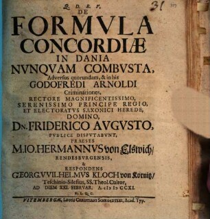 De Formvla Concordiae In Dania Nvnqvam Combvsta ..., [1]