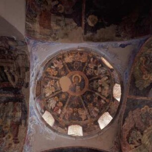 Mystras (Mistra), Kuppel der Perivleptos-Kirche, 2. H. 14. Zweisäulenkreuzkuppelkirche, Pantokrator und 14 Propheten