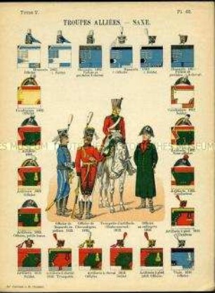 Uniformdarstellung, Husaren-Offizier, Chevauleger-Offizier, Artillerie-Trompeter und -Offizier der Alliierten Sächsischen Regimenter, Detailstudien von Kopfbedeckungen und Abzeichen der Alliierten Sächsischen Regimenter, Frankreich, 1802/1812.