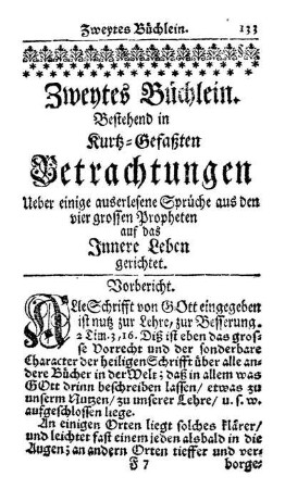 Zweytes Büchlein - Bestehend in Kurtz-Gefaßten Betrachtungen Ueber einige auserlesene Sprüche aus den vier grossen Propheten auf das Innere Leben gerichtet.