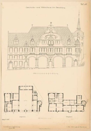 Wohn- und Geschäftshaus N. Gottschalk, Bernburg Monatskonkurrenz Januar 1888: Grundriss Erdgeschoss, Obergeschoss, Aufriss Straßenansicht; Maßstabsleiste