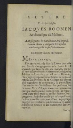 Lettre Écrite par Messire Iacques Boonen Archeuesque de Malines.