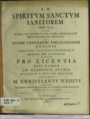Spiritum Sanctum Ianitorem Joh. X, 3. Sistit : Variis Ex Antiquitate Sacra Profanaque Observationibus Illustrat