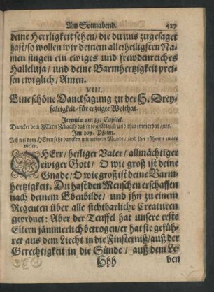 VIII. Eine schöne Dancksagung zu der H. Dreyfaltigkeit/ für erzeigte Wolthat.