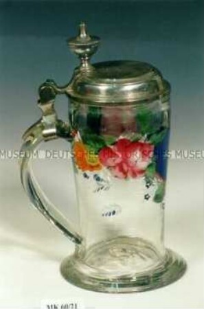 Bierkrug (Freundschaftskrug) mit Zinnmontierung und Blumenmalerei