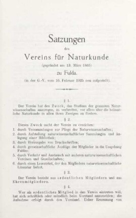 Satzungen des Vereins für Naturkunde (gegründet am 13. März 1865) zu Fulda.