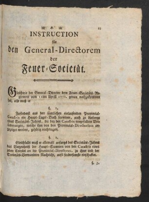 Instruction für den General-Directorem der Feuer-Societät.