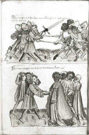 Streit Moses mit denen vom Mohrenland, von denen er auch eine Frau nahm : Streit Moses mit denen vom Mohrenland, von denen er auch eine Frau nahm. Textseite und Illustration aus der Historienbibel, fol. 107 recto. Handschrift und Federzeichnung, laviert; 39,6 x 27,2 cm. Elsaß, um 1440. Dresden: SLUB Mscr.Dresd.A.50