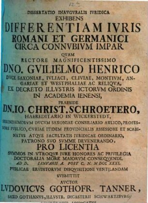 Dissertatio inauguralis iuridica exhibens differentiam iuris rom. et germ. circa connubium impar