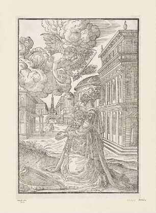 David auf den Knien, dem ein Engel mit den Geisseln der Pest, der Hungersnot und des Krieges erscheint