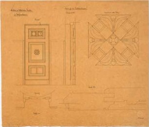Voit, August von; Weißenhorn; Pfarrkirche - Türen zu den Oratorientreppen (Grundriss, Ansicht, Längsschnitt, Schnitt, Detail)