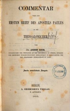 Commentar über den ersten Brief des Apostels Paulus an die Thessalonicher