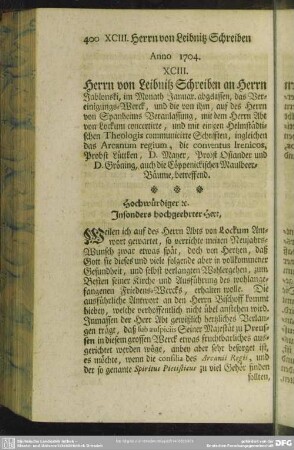 Anno 1704. XCIII. Herrn von Leibnitz Schreiben an Herrn Jablonski, im Monath Januar. abgelassen, ...