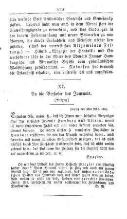 XI. An die Verfaßer des Journals. (Auszug)
