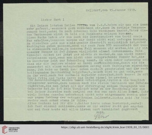 Korrespondenz von Alice und Ludwig Klein: Brief von Ludwig Klein an Kurt Klein
