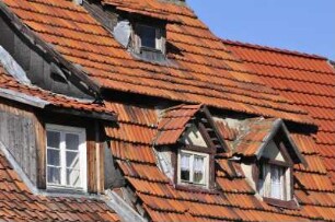 Quedlinburg - Desolate Ziegeldächer : Desolate Dachgauben auf historischen Ziegeldächern. Aufgenommen am 19. Juli 2012 in Quedlinburg